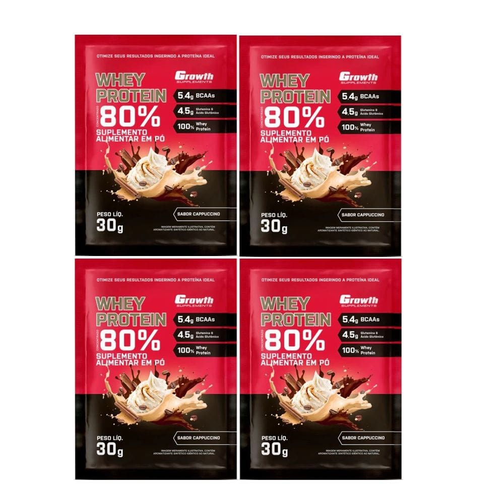 Kit com 4 Saches Whey Protein 80% 30g Growth Cappuccino