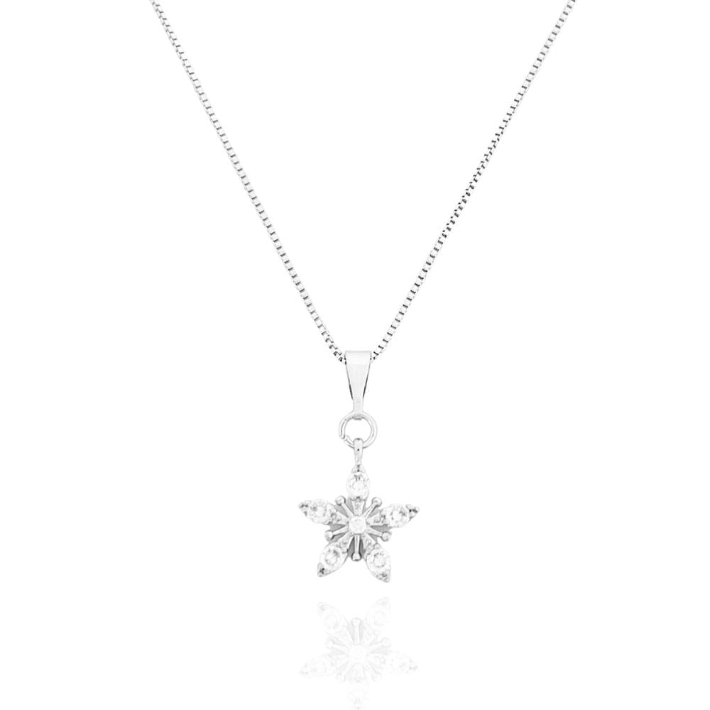 Colar Flor Com Zircônias Cristais Banhado a Prata