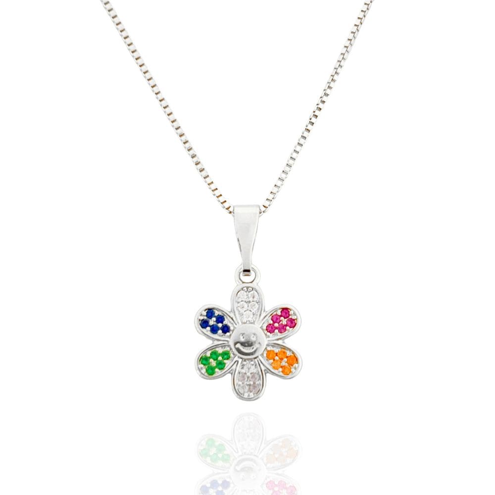 Colar Florzinha Cravejada Zircônias Colors Banhado a Prata