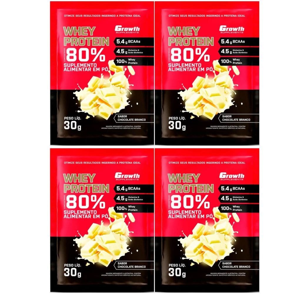 Kit com 4 Saches Whey Protein 80% 30g Growth Chocolate Branco