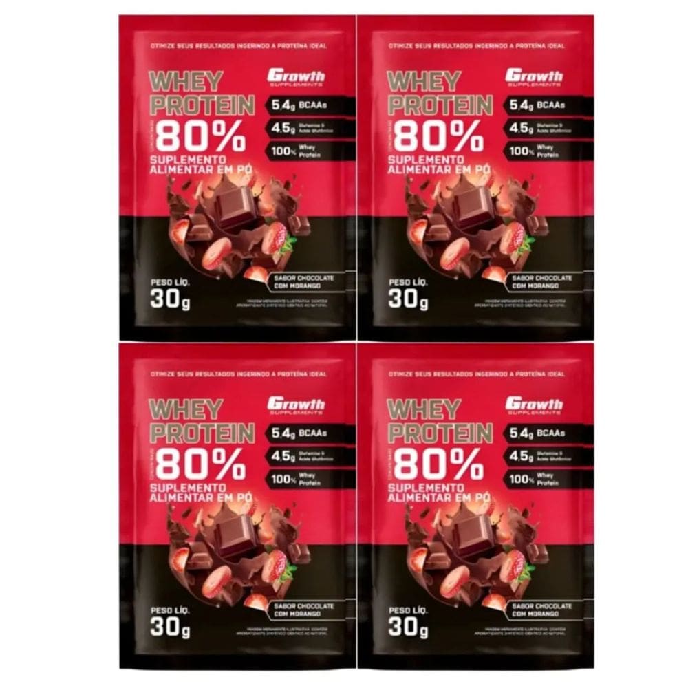 Kit com 4 Saches Whey Protein 80% 30g Growth Chocolate Com Morango