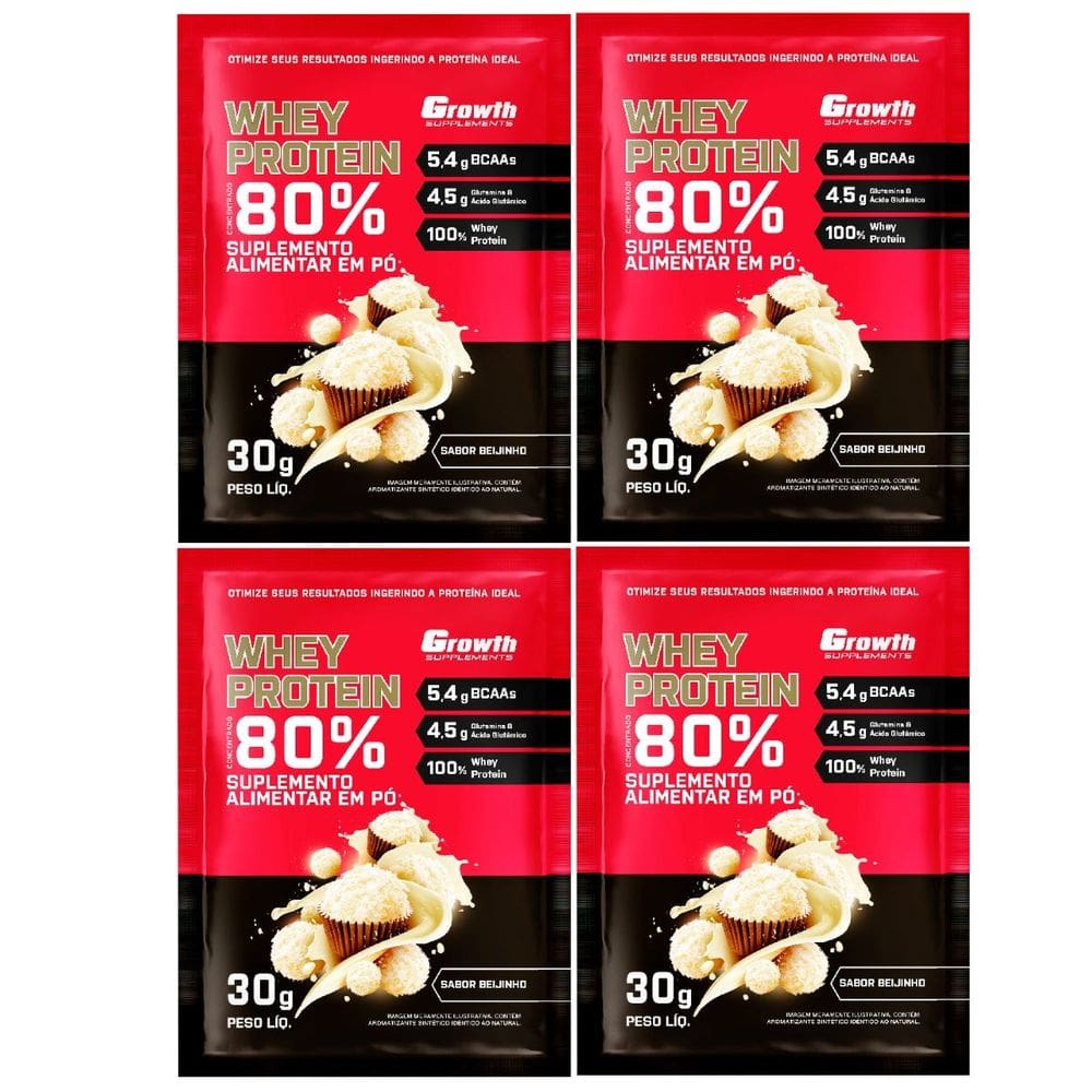 Kit com 4 Saches Whey Protein 80% 30g Growth Beijinho