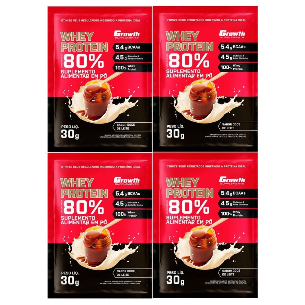 Kit com 4 Saches Whey Protein 80% 30g Growth doce de leite