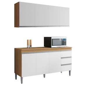 Balcão de Cozinha com Tampo 160cm e Armário Aéreo Andreia Amêndoa Branco - AJL