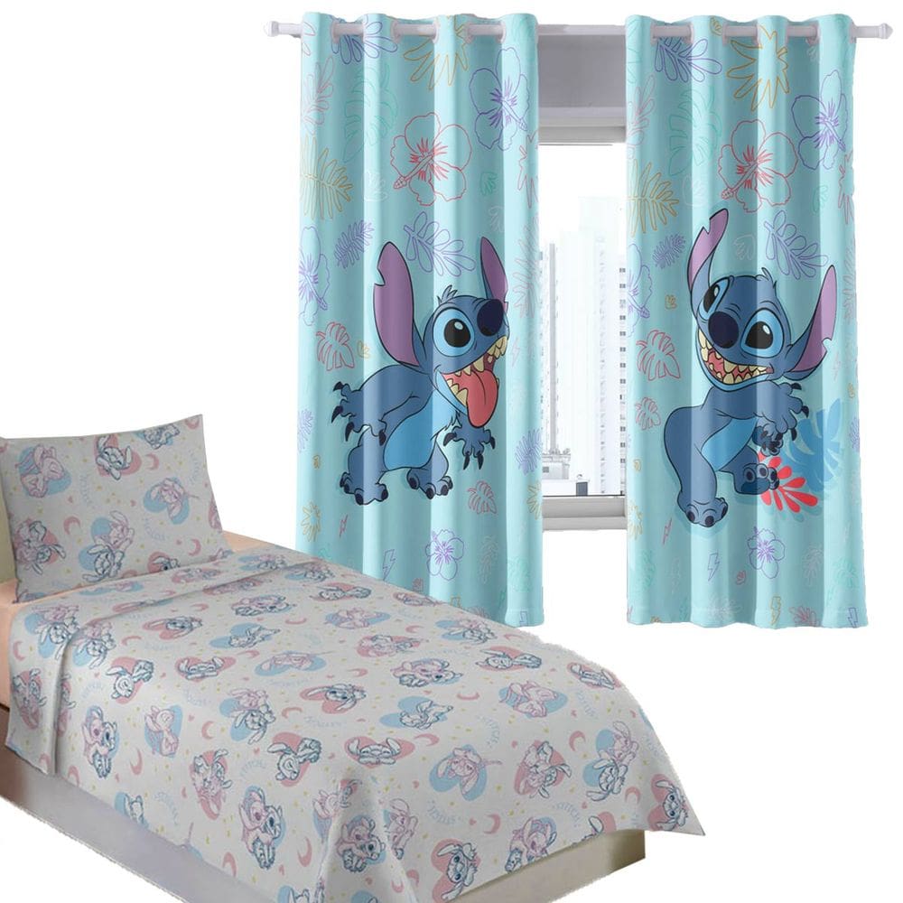 Kit Quarto Infantil Stitch E Angel Cortina + Jogo de Cama 100% Algodão 3 Peças Solteiro Personagens