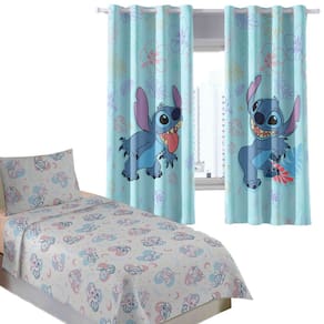 Kit Quarto Infantil Stitch E Angel Cortina + Jogo de Cama 100% Algodão 3 Peças Solteiro Personagens