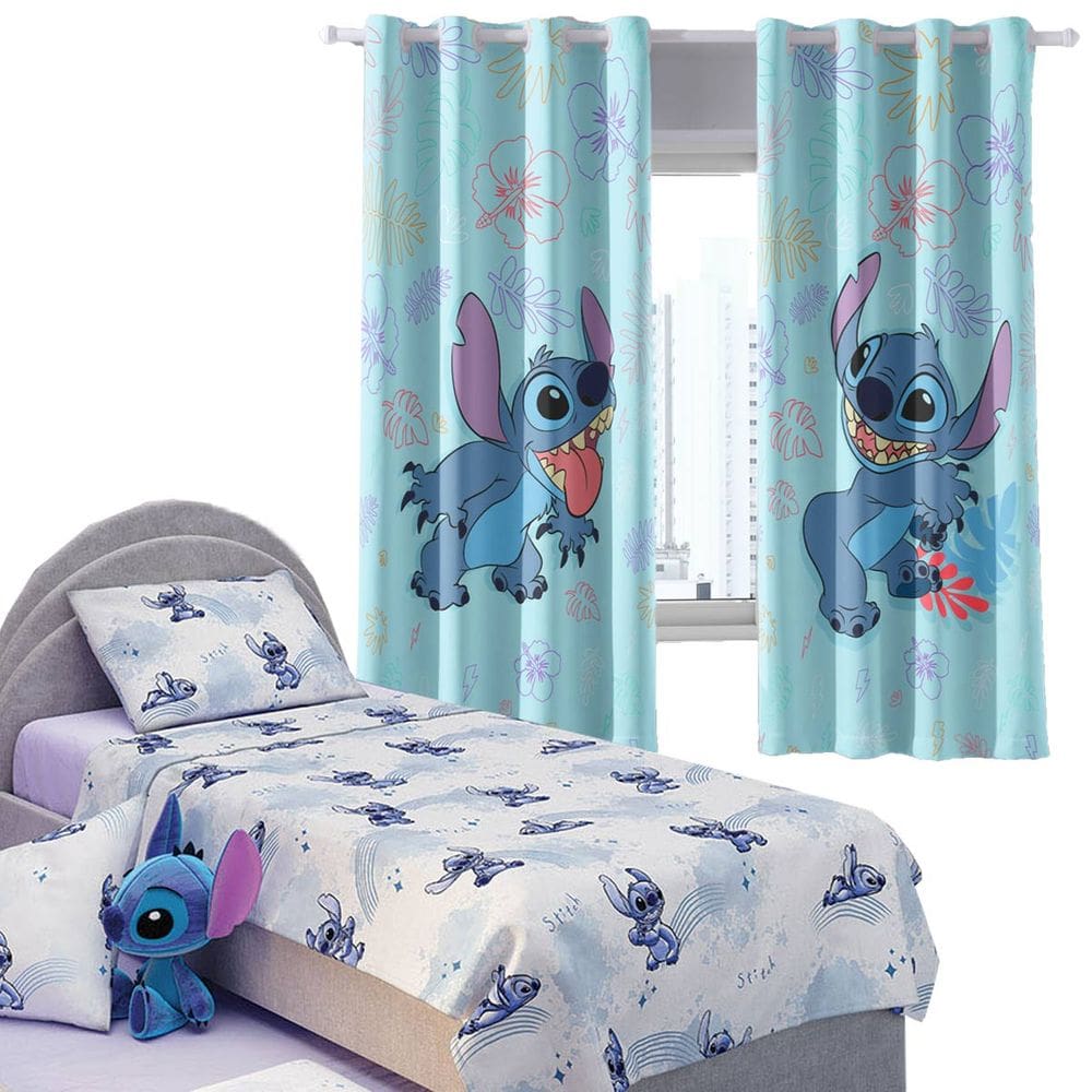 Kit Quarto Infantil Stitch Cortina + Jogo de Cama 100% Algodão 3 Peças Solteiro Personagens