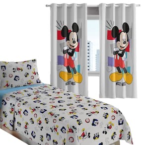 Kit Quarto Infantil Mickey Mouse Cortina + Jogo de Cama 100% Algodão 3 Peças Solteiro Personagens