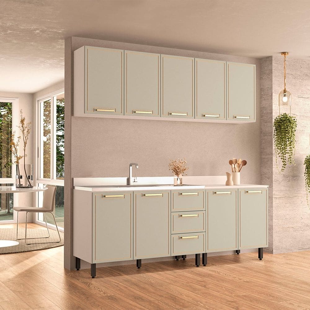 Cozinha Completa 4 Peças 220cm X 200cm Amara Branco/Verde Oliva