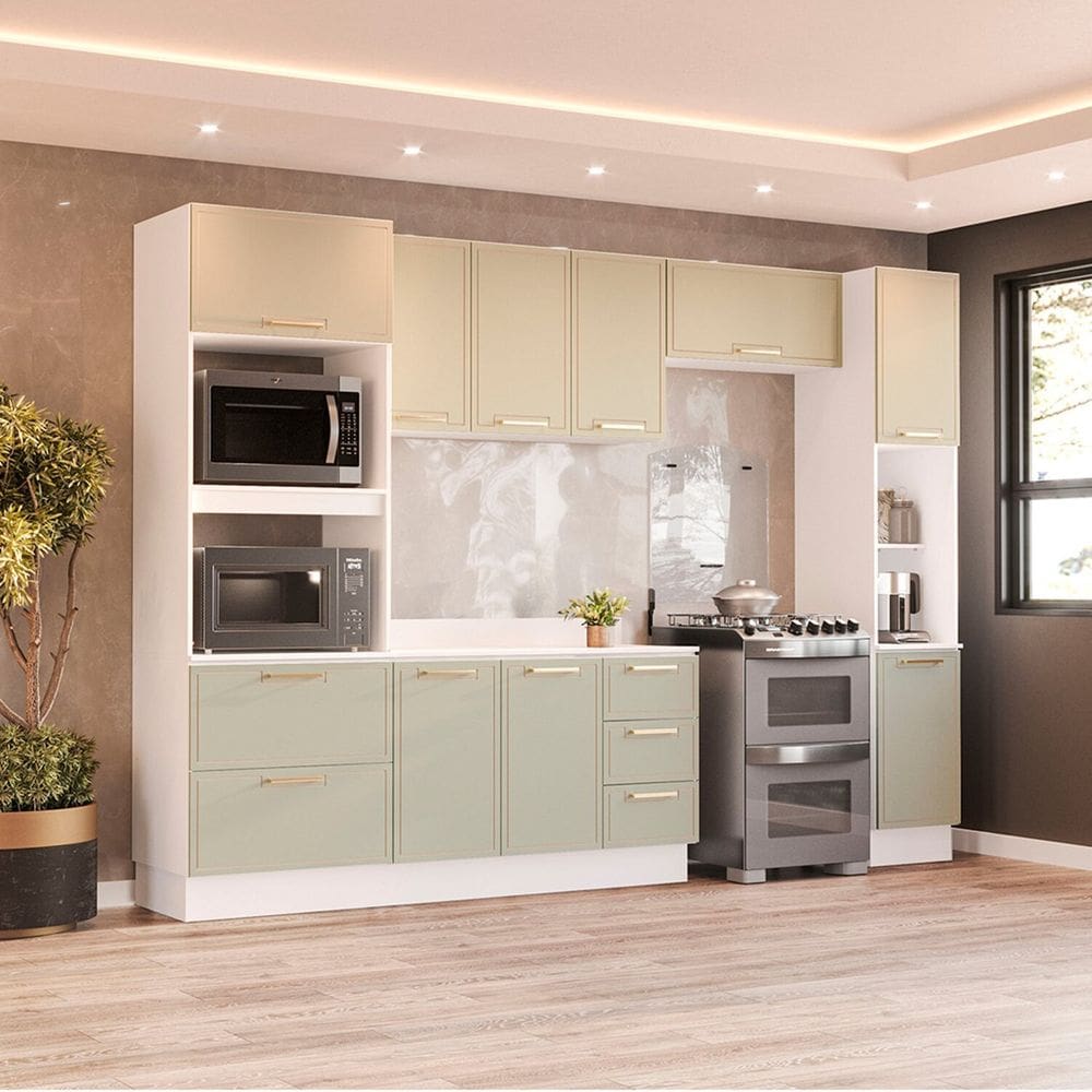 Cozinha Completa 5 Peças 224,5cmx310cm Amara Branco/Verde Oliva