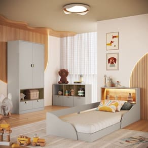Quarto Infantil com Cama Solteiro Montessoriana com Iluminação Led, Comoda e Guarda-Roupas Arenas