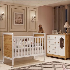 Quarto de Bebê com Cômoda e Berço 100% Mdf Maya Provençal Espresso Móveis Branco Brilho/Amêndoa