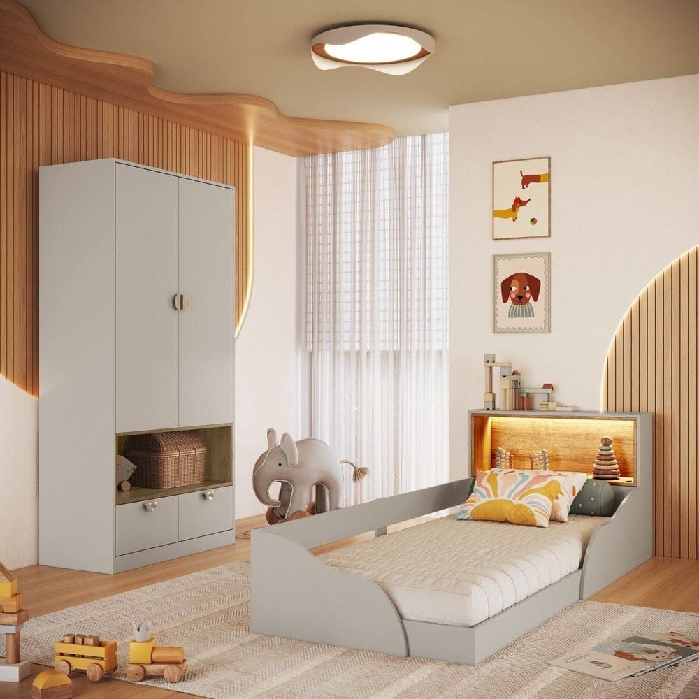 Quarto Infantil com Cama Solteiro Montessoriana com Iluminação Led e Guarda-Roupas Lille Arenas