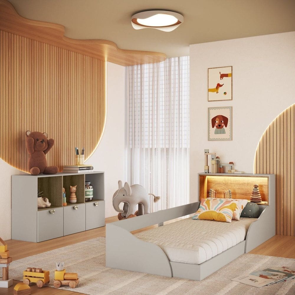 Quarto Infantil com Cama Solteiro Montessoriana com Iluminação Led e Comoda Lille Arenas