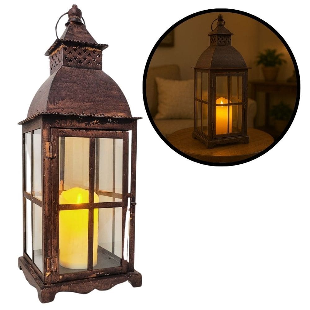 Lanterna Decorativa Iluminada Ferro Envelhecido Rústico e Vidro 52cm e Vela LED