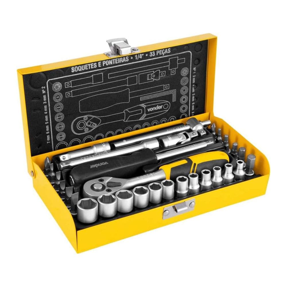 Jogo Soquetes Ponteiras Sextavado Vonder Encaixe 1/4" 4 a 13 mm 33 Peças
