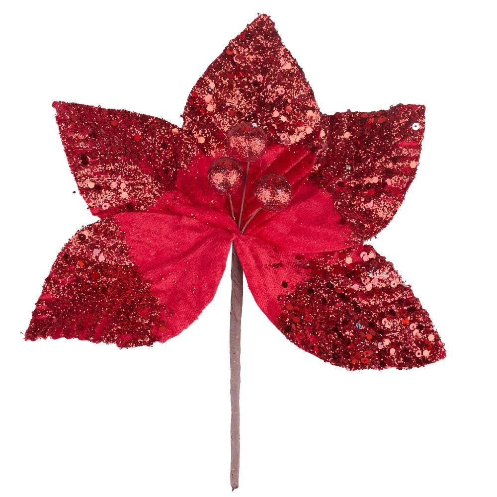 Enfeite de Natal Flor Bico Fina Glitter 20cm Vermelha Cazza