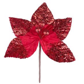 Enfeite de Natal Flor Bico Fina Glitter 20cm Vermelha Cazza
