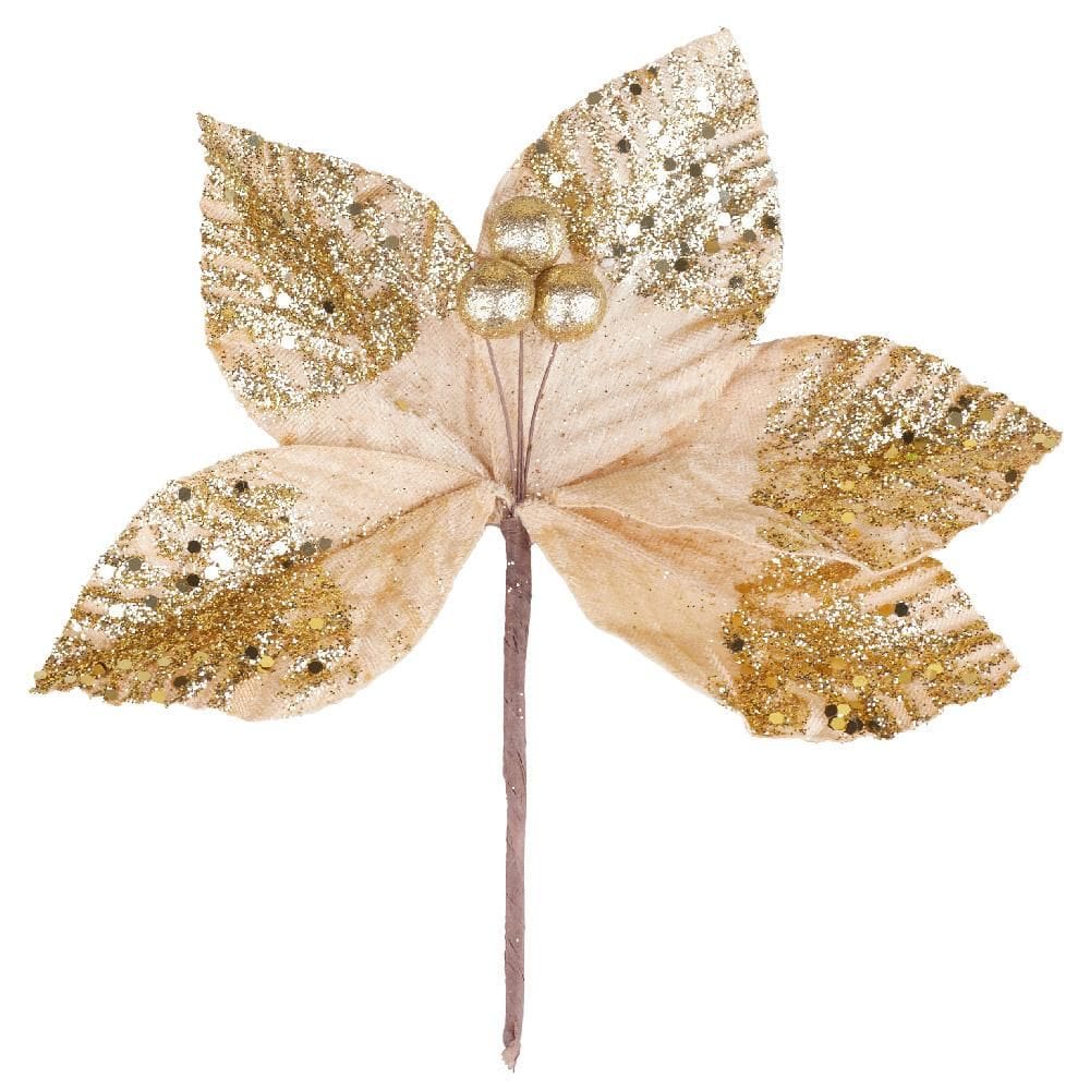 Enfeite de Natal Flor Bico Fina Glitter 20cm Cazza Dourado