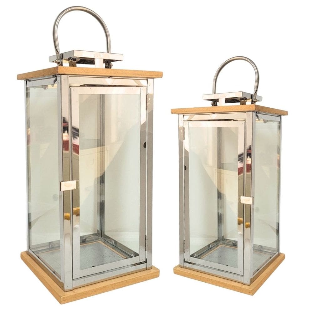 Jogo 2 Lanternas Decorativa Luxo Inox e Madeira Prime Grande 60cm e 43cm - Empório Decor