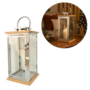 Lanterna Decorativa Luxo Inox e Madeira Prime 46cm x 18cm - Empório Decor