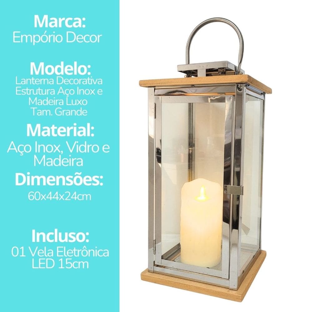 Lanterna Decorativa Iluminada Inox e Madeira Grande 60cm com Vela LED - Empório Decor
