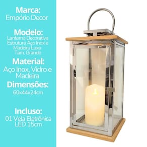 Lanterna Decorativa Iluminada Inox e Madeira Grande 60cm com Vela LED - Empório Decor