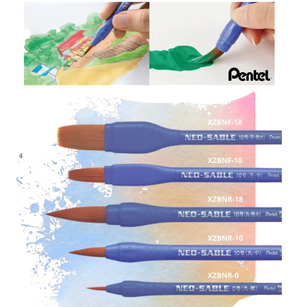 Kit Pincel P/ Aquarela Acrilica Guache Pentel Neo Sable 5 Un Cerdas Marrom
