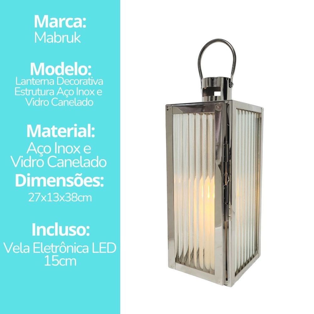 Lanterna Decorativa Iluminada Inox e Vidro Canelado Luxo 32cm e Vela LED - Mabruk