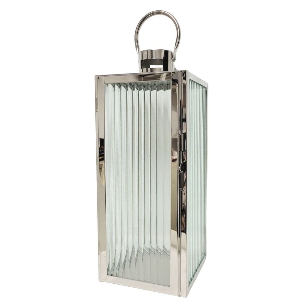 Lanterna Decorativa Inox e Vidro Canelado Luxo 40cm x 16cm - Mabruk