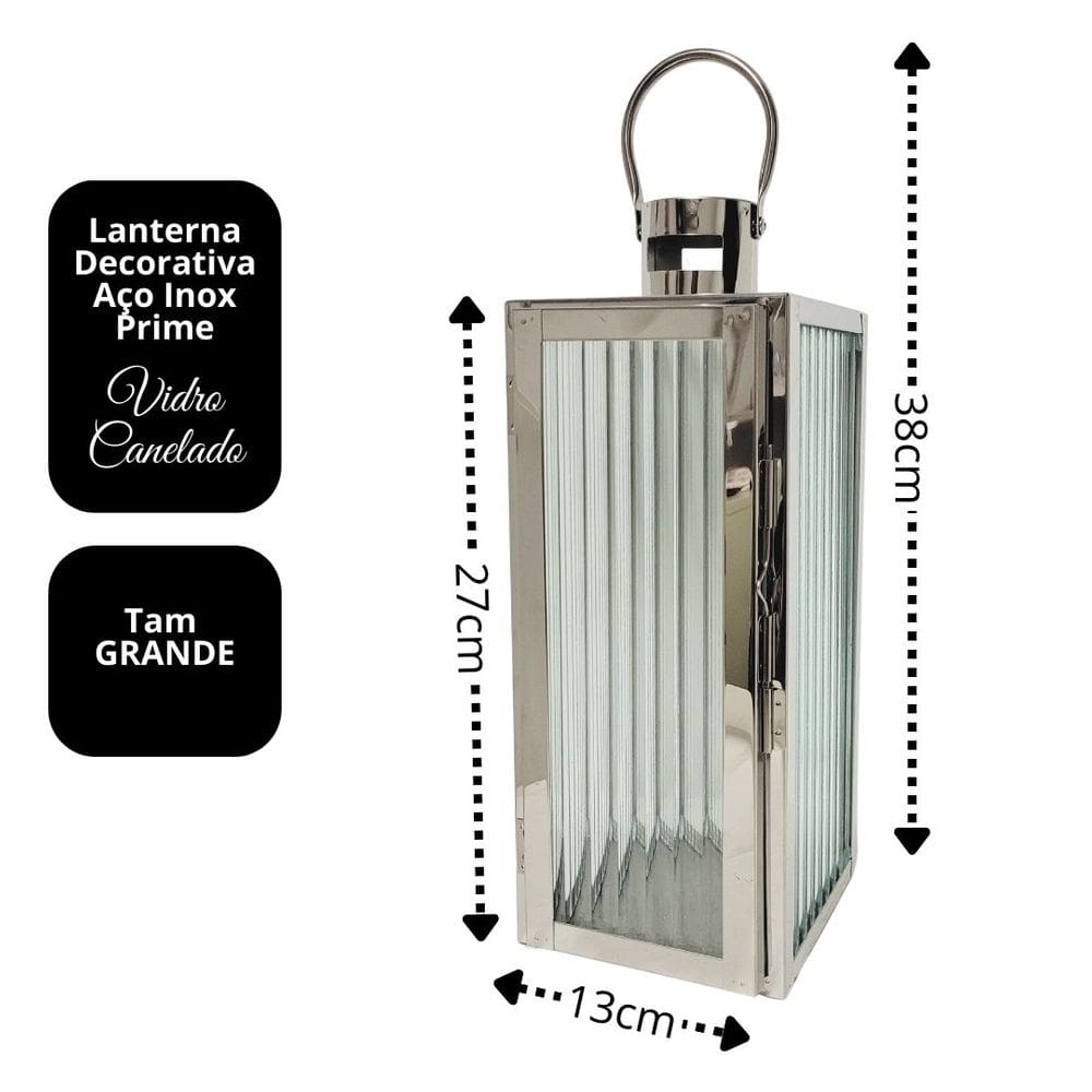 Lanterna Decorativa Inox e Vidro Canelado Luxo 38cm x 13cm - Mabruk