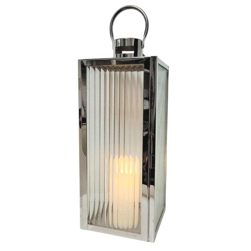 Lanterna Decorativa Iluminada Inox e Vidro Canelado Luxo 40cm e Vela LED - Mabruk