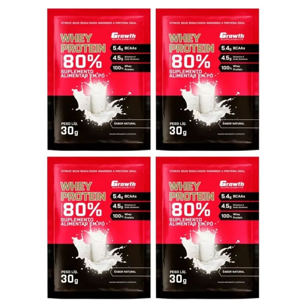 Kit com 4 Saches Whey Protein 80% 30g Growth Natural