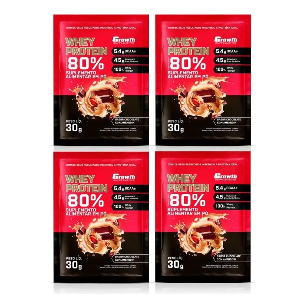 Kit com 4 Saches Whey Protein 80% 30g Growth Chocolate Com Amendoim