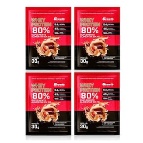 Kit com 4 Saches Whey Protein 80% 30g Growth Chocolate Com Amendoim