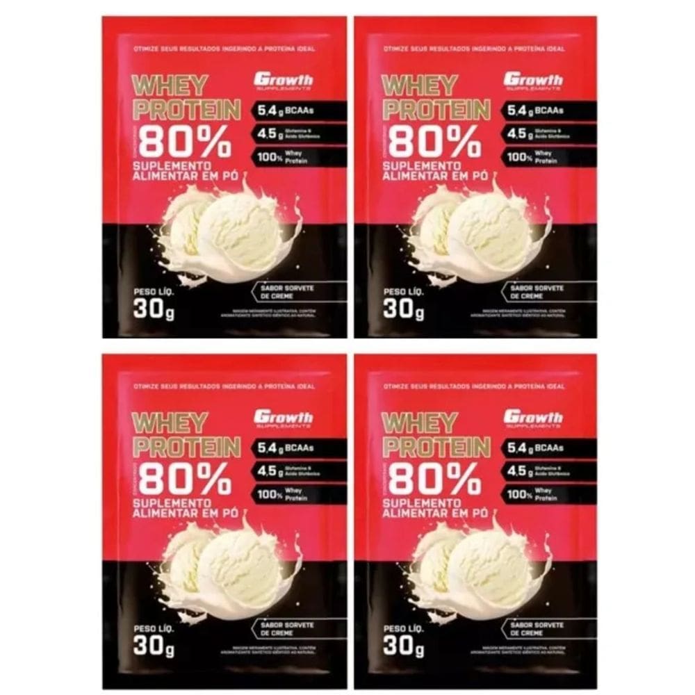 Kit com 4 Saches Whey Protein 80% 30g Growth Sorvete de creme