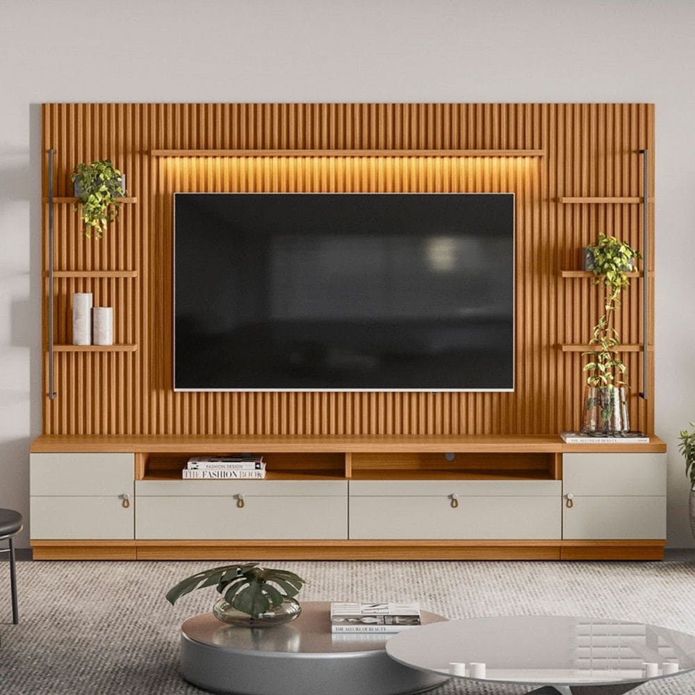 Estante para TV Até 75 Polegadas Colina 2 Portas com Led 268 Cm Natural/Off White - Pnr Móveis