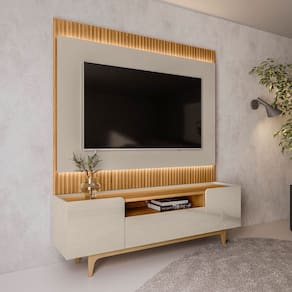 Rack com Painel para TV Até 70 Polegadas Medusa 3 Portas Ripado com Led Tauari/Off White Brilho - Pnr Móveis