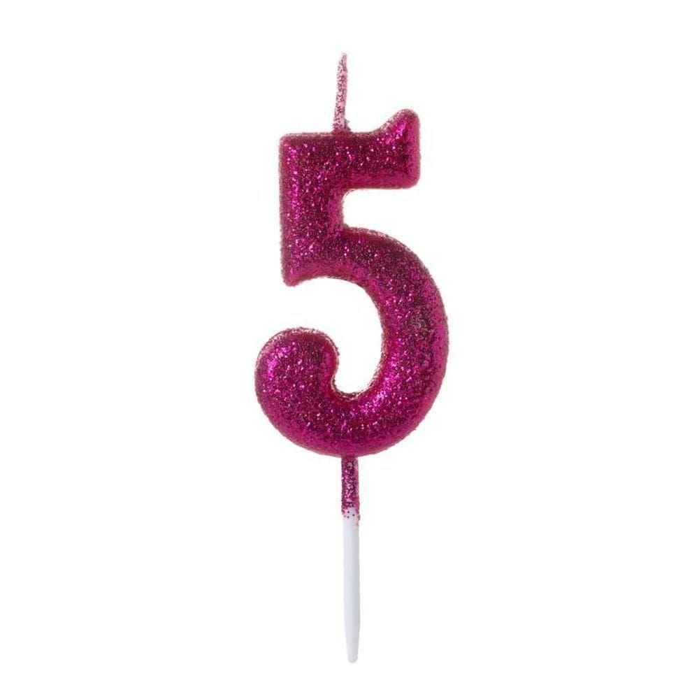 Vela Pequena Glitter Rosa Número 5 - 1 Un