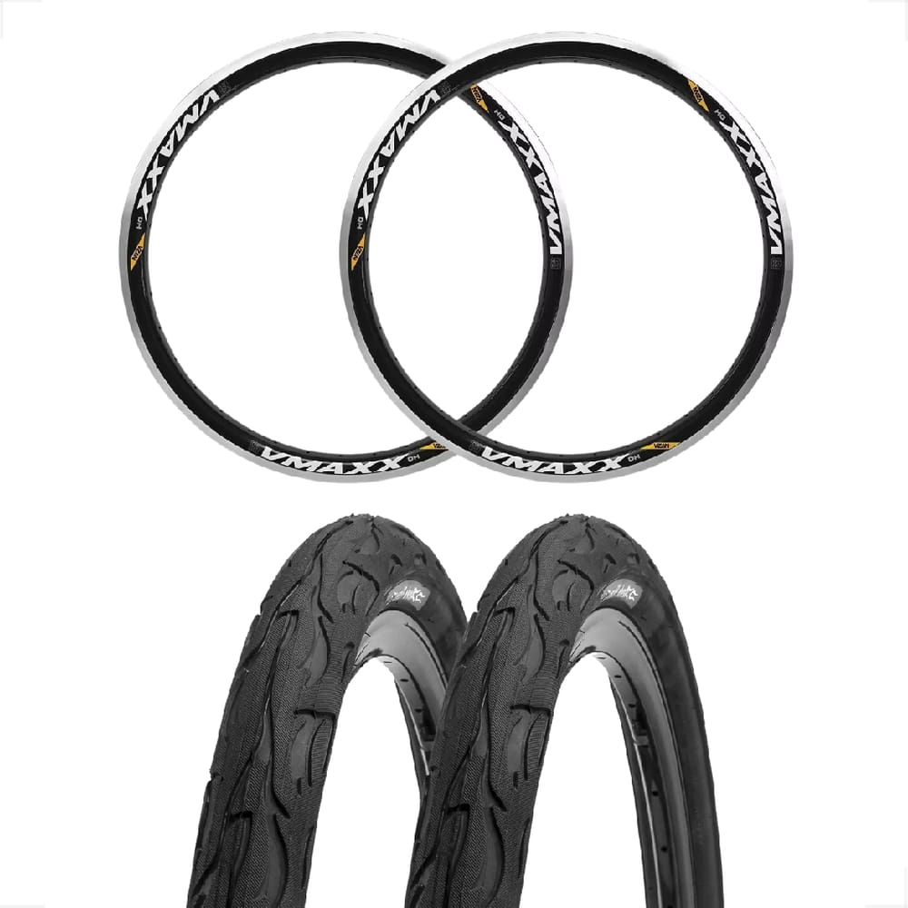 2 Aro Vzan Vmaxx 26 Preto Sem Ilhos V-Brake + 2 Pneu Kenda Flame 26 X 2.125 Slick Preto Bike