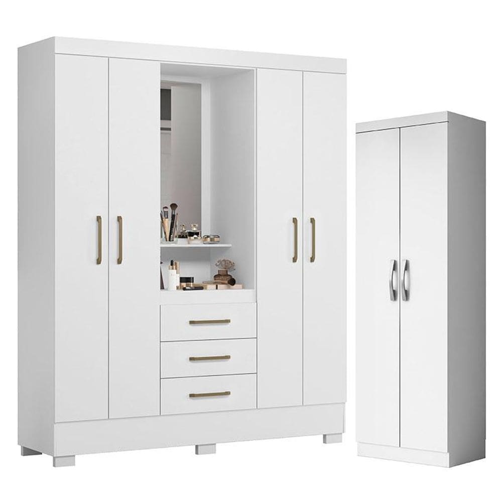 Guarda Roupa Solteiro Paris 2045150 e Armário Multiuso New 2000192 Branco - Aramóveis