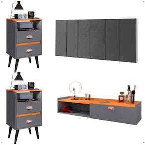 Kit Quarto 2 Mesas Cabeceira Penteadeira Suspensa Classic Cinza/Cinamomo Cabeceira Júlia 1,40 Cama Box Casal Suede - Lojas RPM