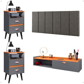 Kit Quarto 2 Mesas Cabeceira Penteadeira Suspensa Classic Cinza/Cinamomo Cabeceira Júlia 1,40 Cama Box Casal Linho - Lojas RPM