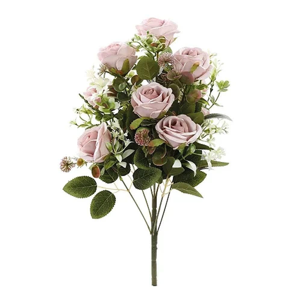 Flores Decorativas Permanentes - Buquê De Rosas X9 47cm Lilás - 1 Buquê
