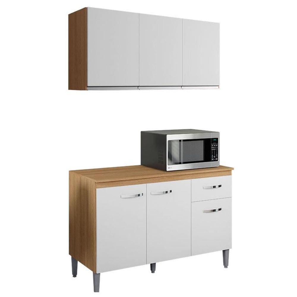 Balcão de Cozinha Gabriela com Tampo 120cm e Armário Aéreo Andréia Amêndoa Branco - AJL
