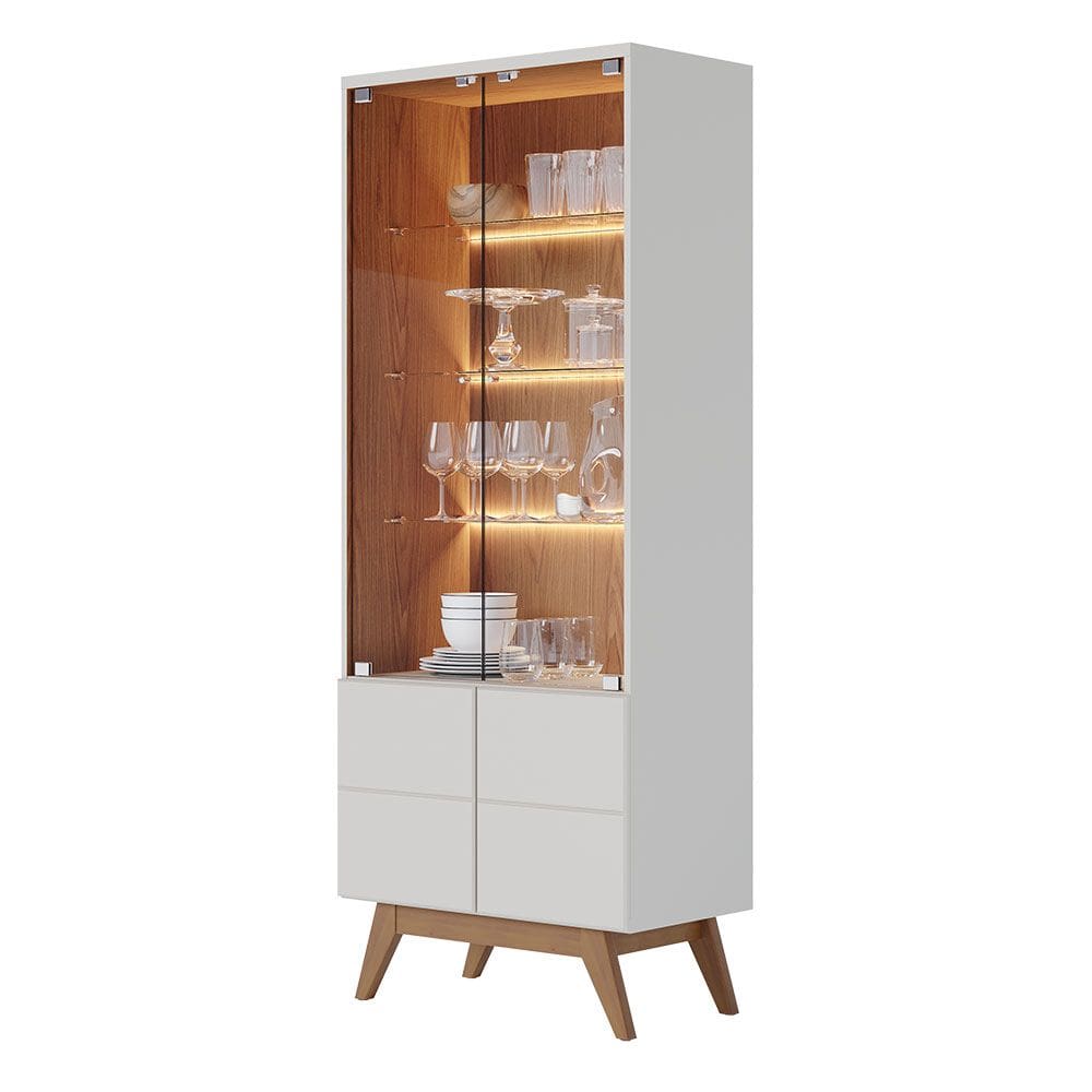 Cristaleira com Portas de Vidro e Led Cozinha Moon Off White Matte/Freijó C04 - D`Rossi