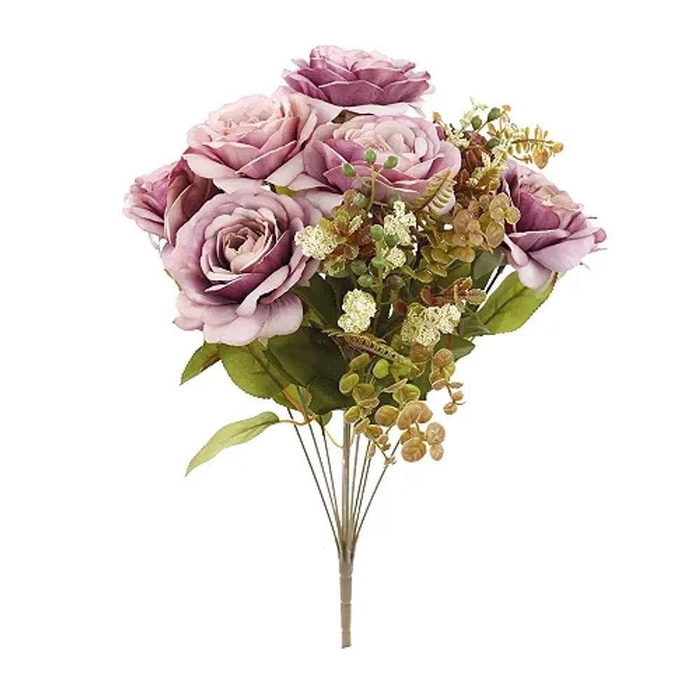 Flores Decorativas Permanentes - Buquê De Rosas X7 50cm Lilás - 1 Buquê