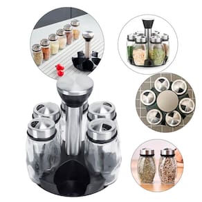 Kit Porta Temperos com Base Giratória | 6 Frascos de Vidro com 100ml | Tampa com 3 Aberturas | Ideal para Organização de Cozinha | Design Compacto
