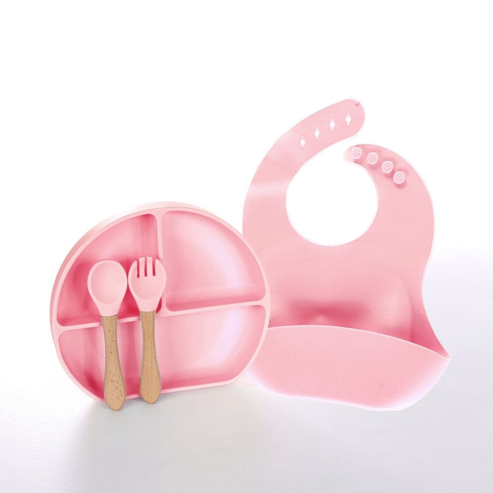 Kit Introdução Alimentar Bebê Silicone 4 Peças Com Ventosa Rosa