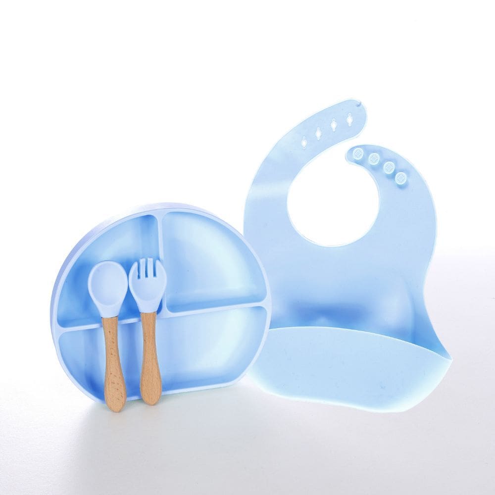 Kit Introdução Alimentar Bebê Silicone 4 Peças Com Ventosa Azul